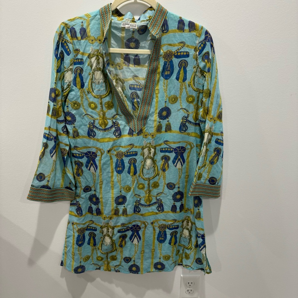 DEBBIE KATZ SOUTH BEACH Tunic Top Blue Horse Print Dress Swim Cover Small Aztec